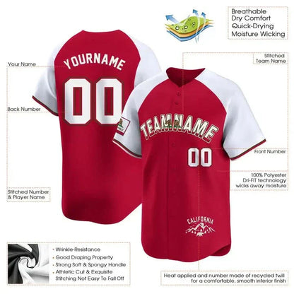 CUSTOM RED ALTERNATE WHITE CALIFORNIA FLAG BASEBALL JERSEY - EMBROIDERED