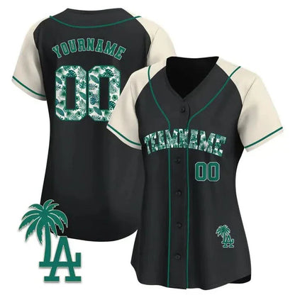 CUSTOM BLACK ALTERNATE GREEN TROPICAL FLORAL PATTERN BASEBALL JERSEY - EMBROIDERED