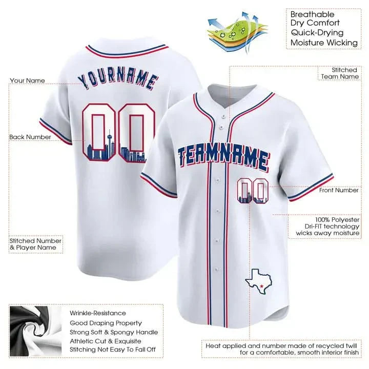 CUSTOM WHITE ROYAL SAN ANTONIO TEXAS PATTERN BASEBALL JERSEY - EMBROIDERED
